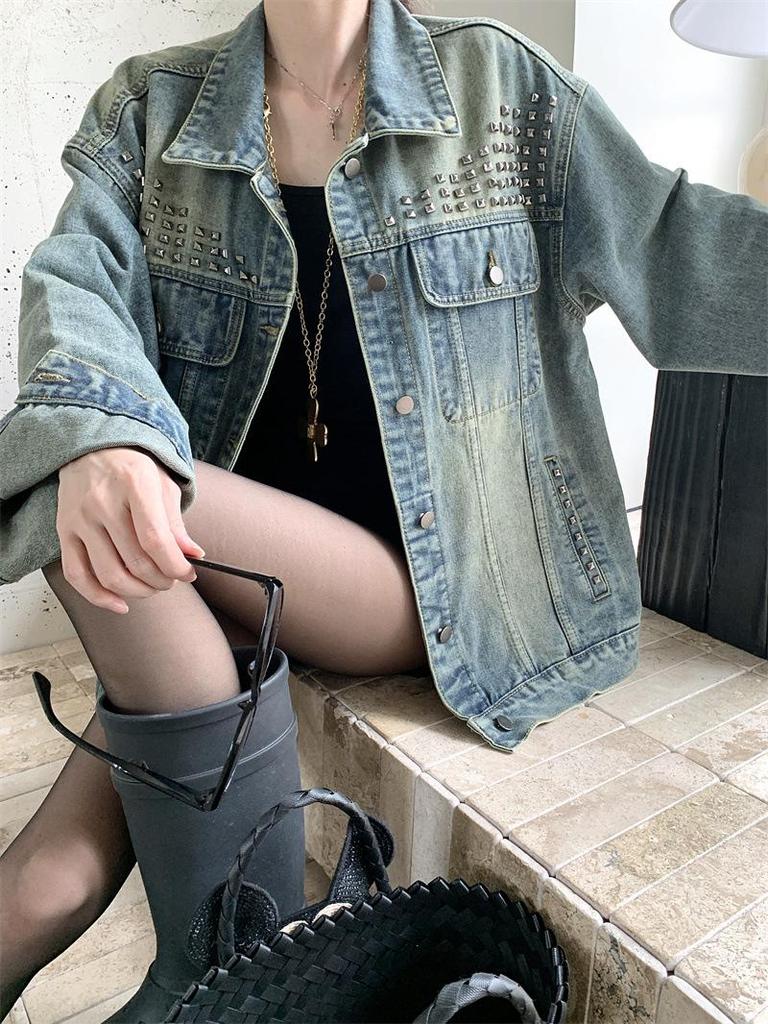 2025 Autumn Spicy Girl High-End Rivet Long-Sleeve Denim Jacket for Women