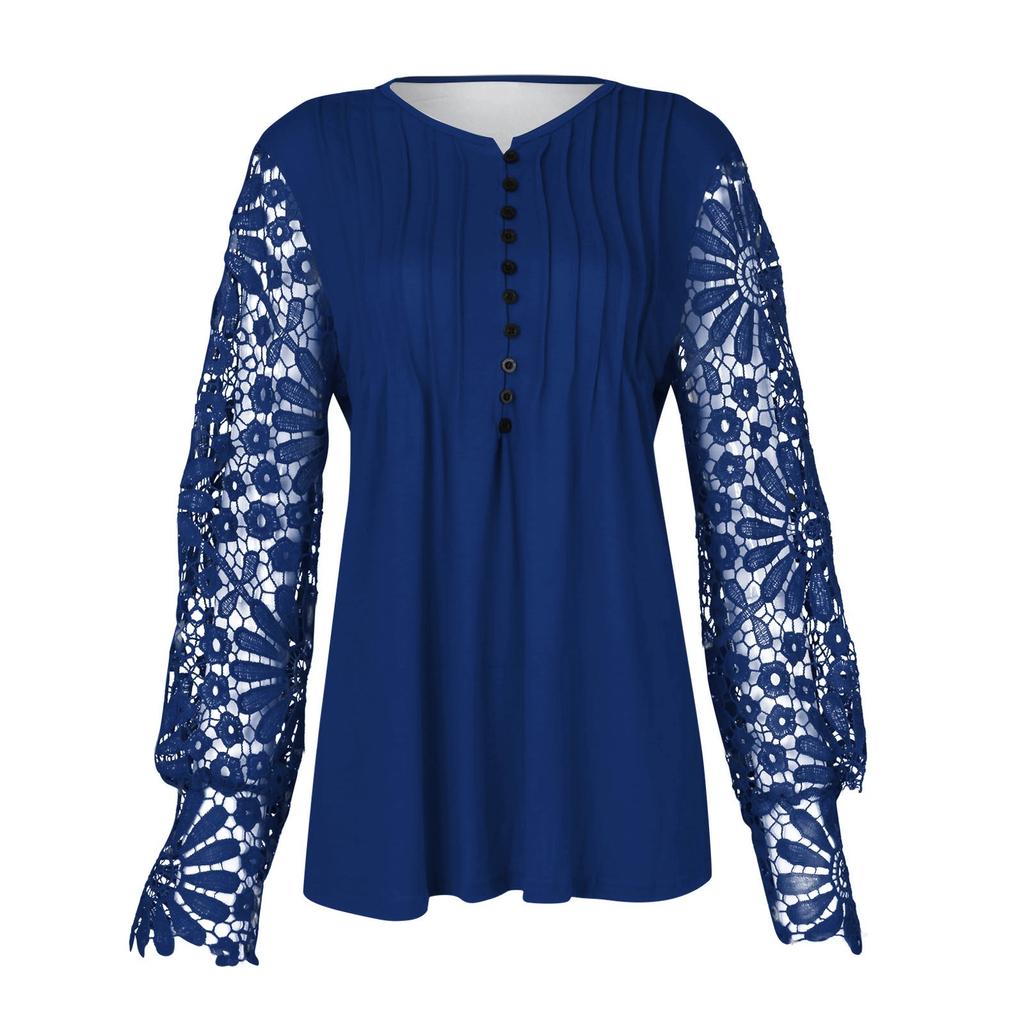 Lässiges, einfarbiges, langärmliges Damen-T-Shirt mit plissierten Knöpfen und Spitzenärmeln