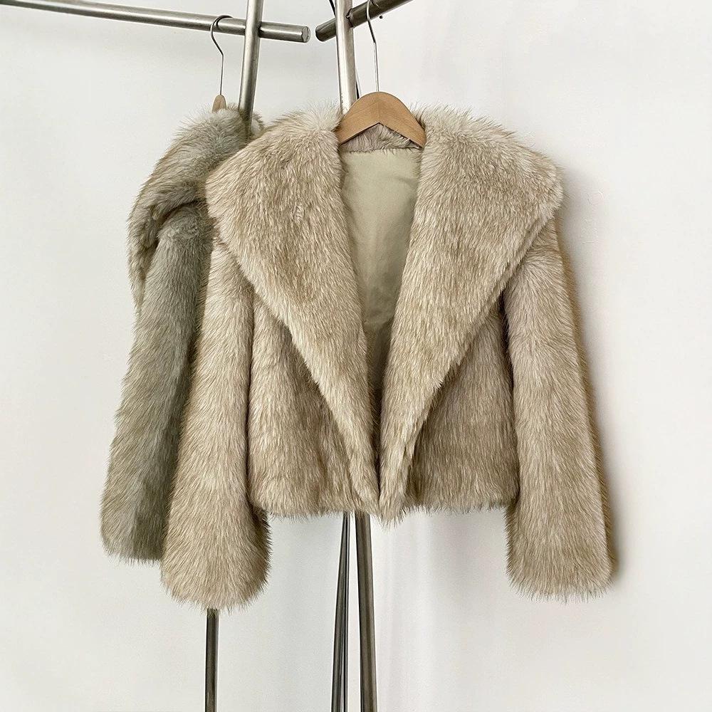 European and American short imitation fox fur coat for women, big lapel loose thickened artificial fur coat