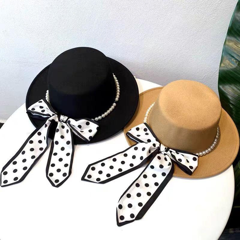 ins French celebrity style pearl ribbon woolen flat top top hat women's elegant temperament black jazz hat self-operated