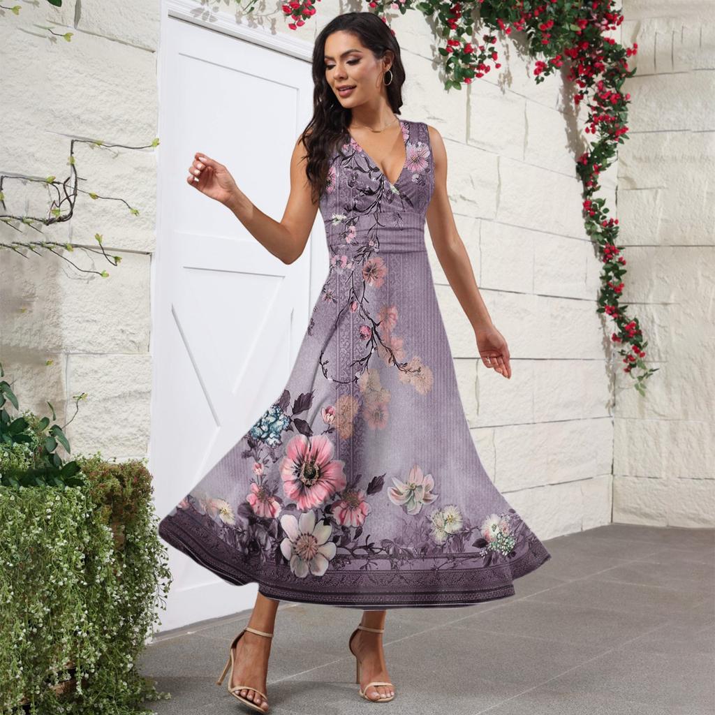 Damen Sommermode Retro Print V-Ausschnitt Ärmellos Langes Kleid