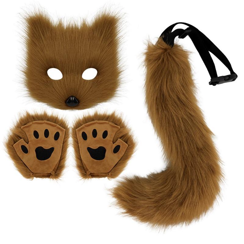 Halloween Set, Simulated Fox Mask Gloves, Plush Fox Tail, Handmade Beast Tail Cos Prop Accessories.
