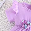 New Summer Baby Girl Flying Sleeve Solid Color Top + Butterfly Print Long Pants Two-Piece Set