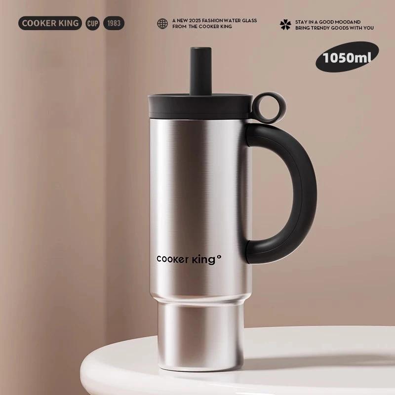 COOKER KING 1050ML Stainless Steel Vacuum Flask Large Capacity Thermos Cup with Straw Car Cup Leak-proof Keep Hot&Cold Drinkware