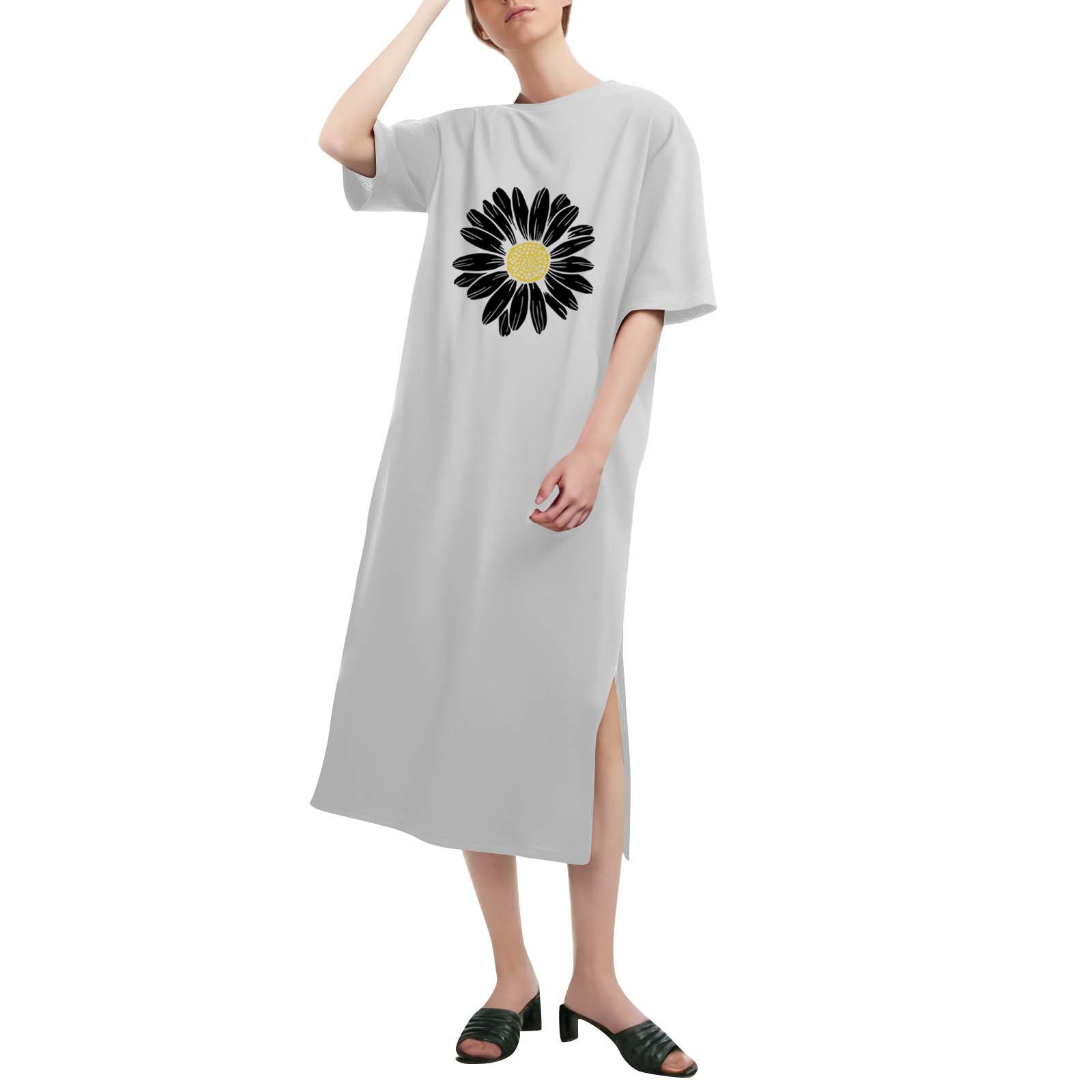 

Цветочный принт свободная рубашка с коротким рукавом и круглым вырезом длинная модная повседневная рубашка платья XL белый