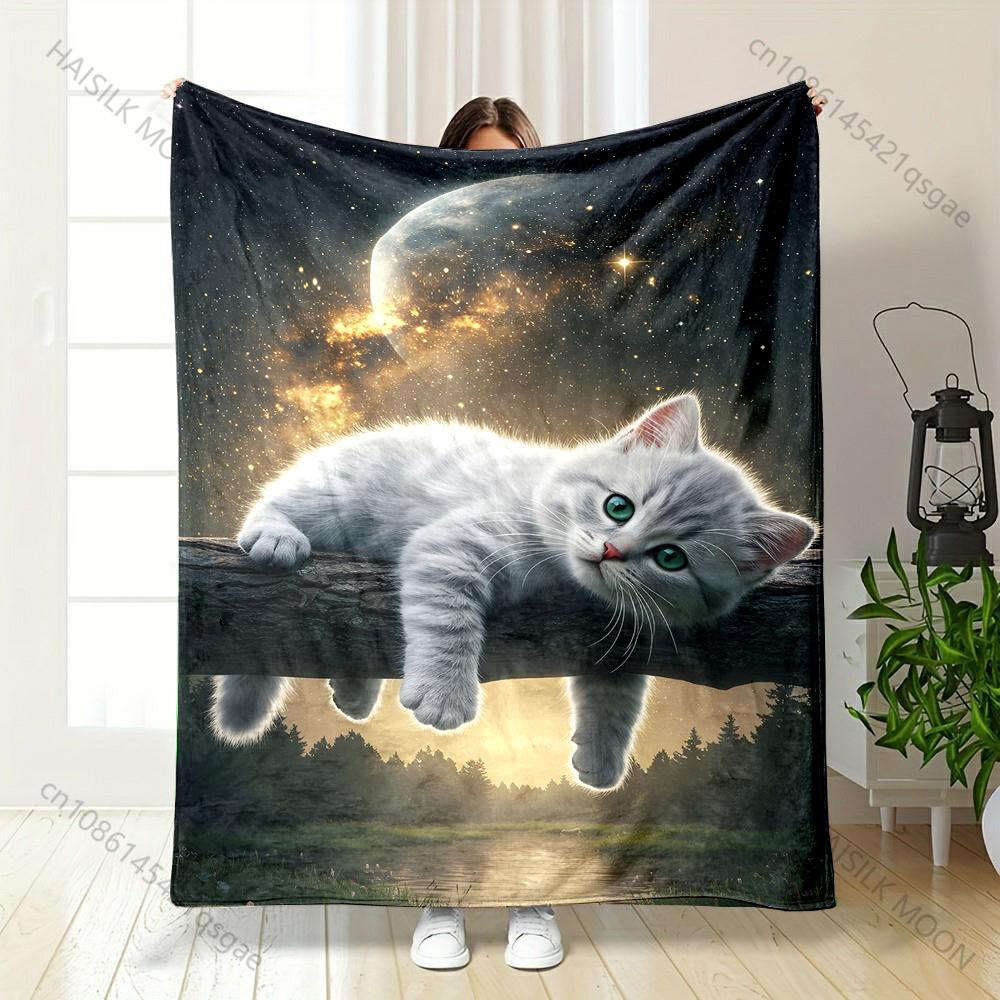 

1PC Kitten lounging on log below stars Print Adult Children Warm Blankets Home Travel Car Soft and Comfortable Luxury gifts 75x90cm