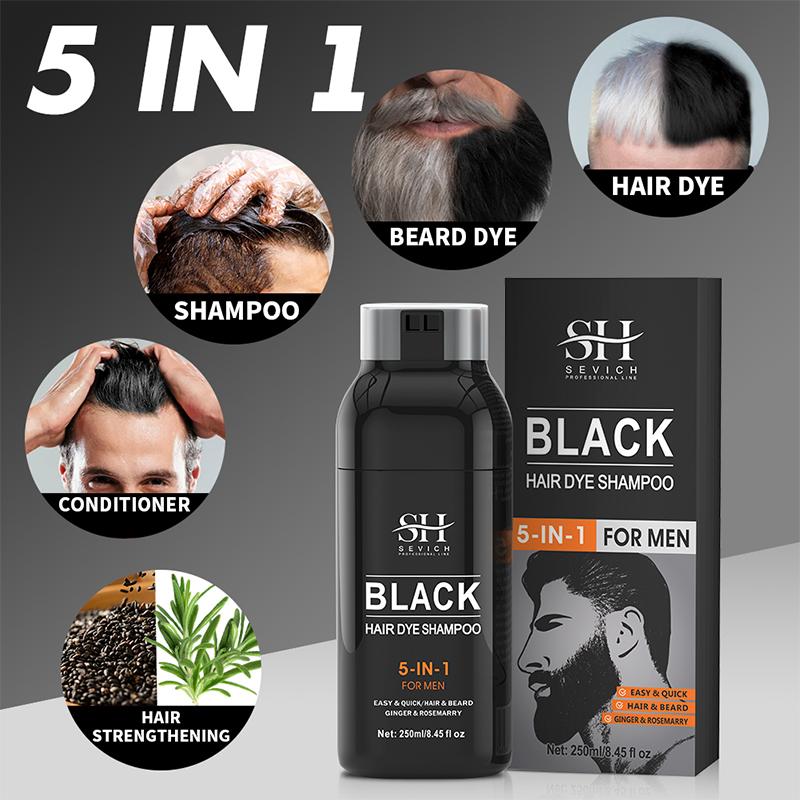 250 ml schwarzes Haarfärbeshampoo, 5-in-1, natürliches Shampoo für schwarzen Bart, sofortiges Ingwershampoo für Männer, Reparatur weißer Haare, Pflege
