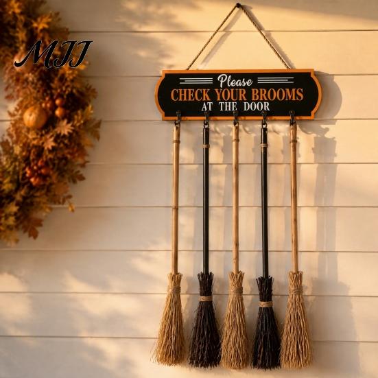Unique Holiday Wall Art Halloween Broom Parking Sign, Check Your Brooms Wooden Hanging Sign Witch Decor with Hooks for Indoor Outdoor Front Porch Home
