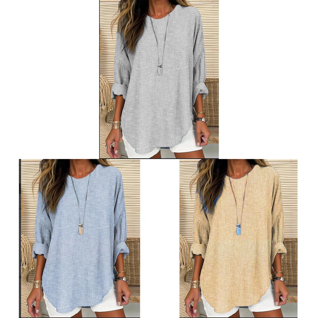 Spring Fashion Womens Striped Cotton Linen Shirt With Patching For Casual Wear