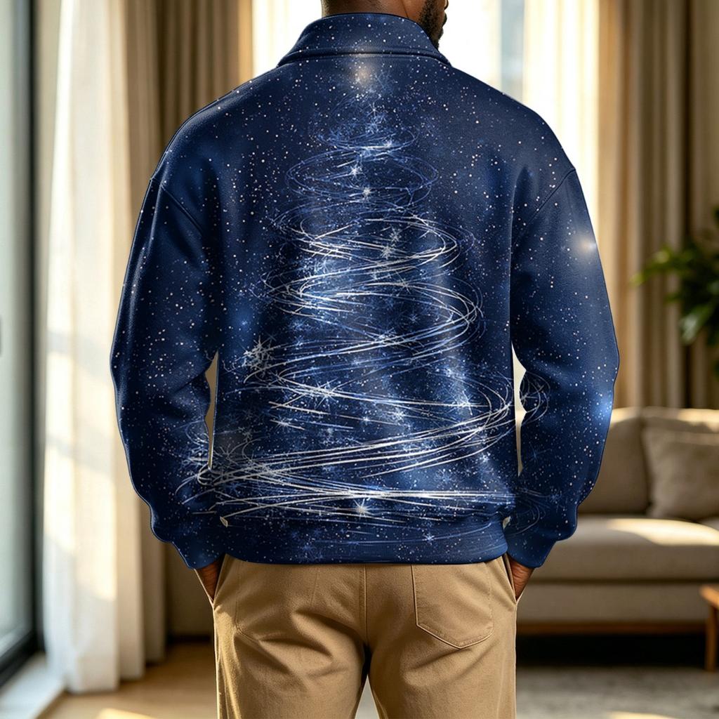Men's Casual Christmas Print Collared Long Sleeve Pullover Sweatshirt