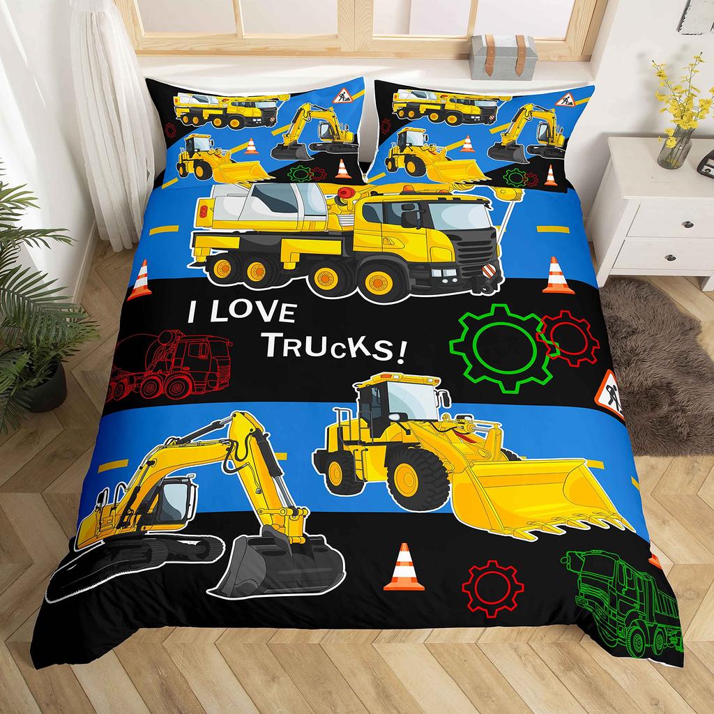 Truck Excavator King Queen Duvet Cover Yellow Tractor Bedding Set For Kids Boys Girls Cartoon Car Transporter 2/3pcs Quilt Cover