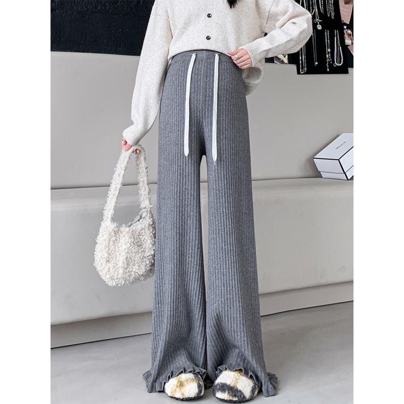 High-End Autumn/Winter Maternity Knit Ruffle Wide-Leg Pants – Casual, Slimming Floor-Length Design X-Large