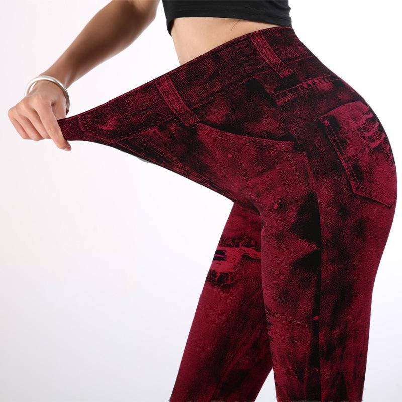 Women Slim Cropped Trousers Elasticity Casual Pants Imitation Denim High Waist Push Up Leggings