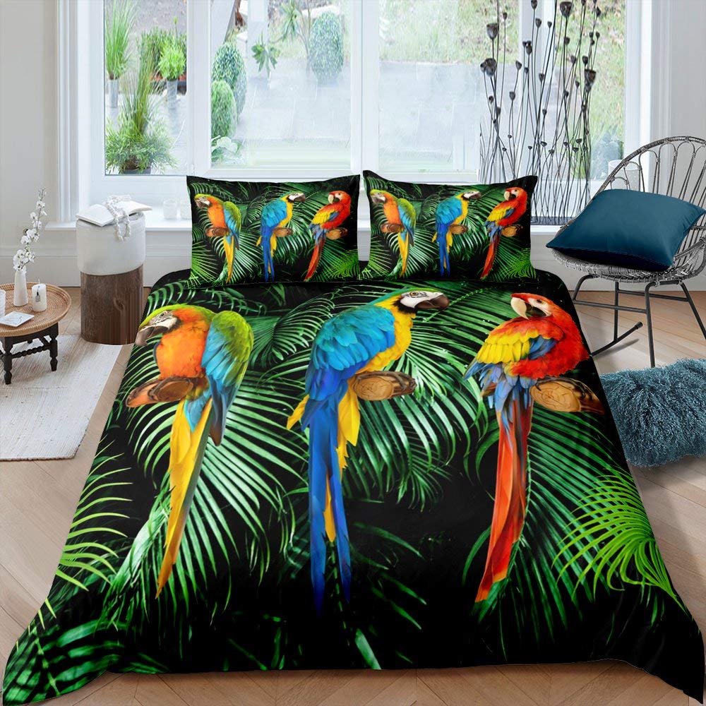 Parrot King Queen Duvet Cover Colourful Feather Bedding Set Rain Trees Bird Quilt Cover Sunset Mountain Natural Comforter Cover
