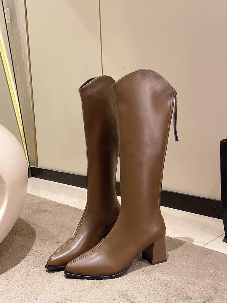 Temperament high tube rear zipper knight boots pointed head medium heel high boots French women's imitation leather thin mouth V thick heel