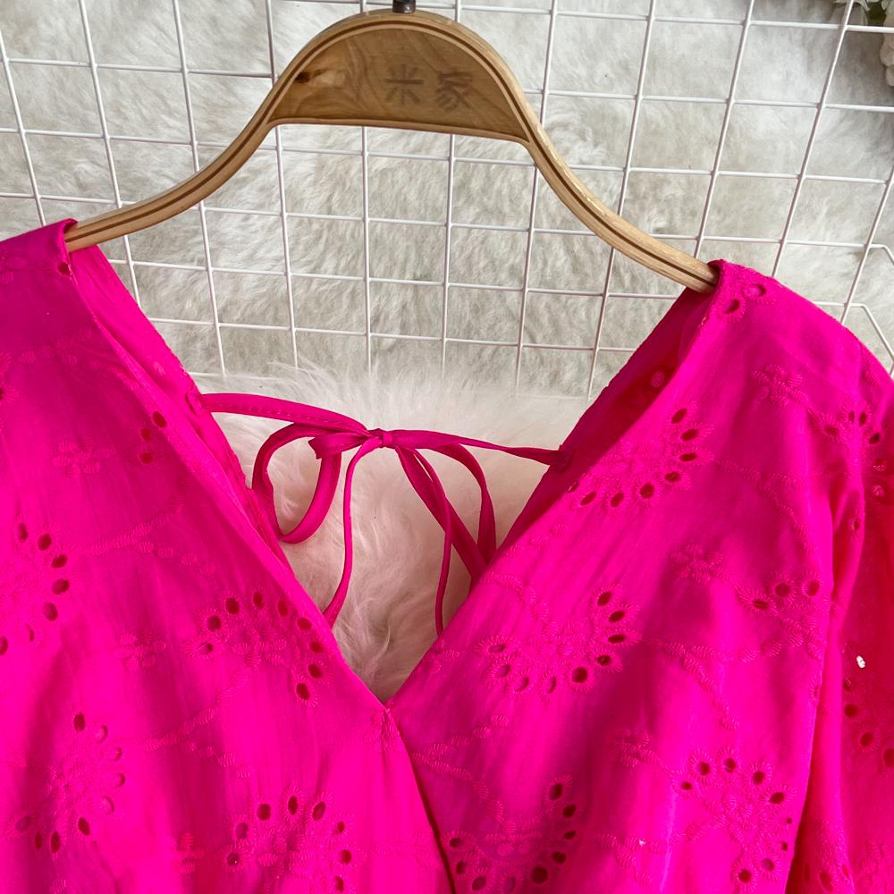 Vestido Vintage con bordado calado de cintura alta, vestido de hada acampanado de manga corta, Vestidos elegantes de playa para verano, vestido veraniego para vacaciones para mujer