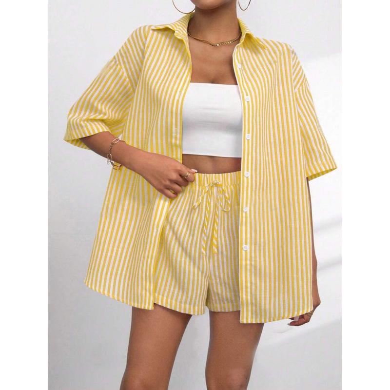 Summer 2025 Women's Lapel Casual Striped Two-Piece Set