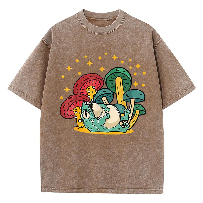 Pilz Cottagecore Ästhetik Frosch Aufdruck Gewaschenes T-Shirt Damen Sommer Locker T-Shirt Street Kurzarm Kleidung