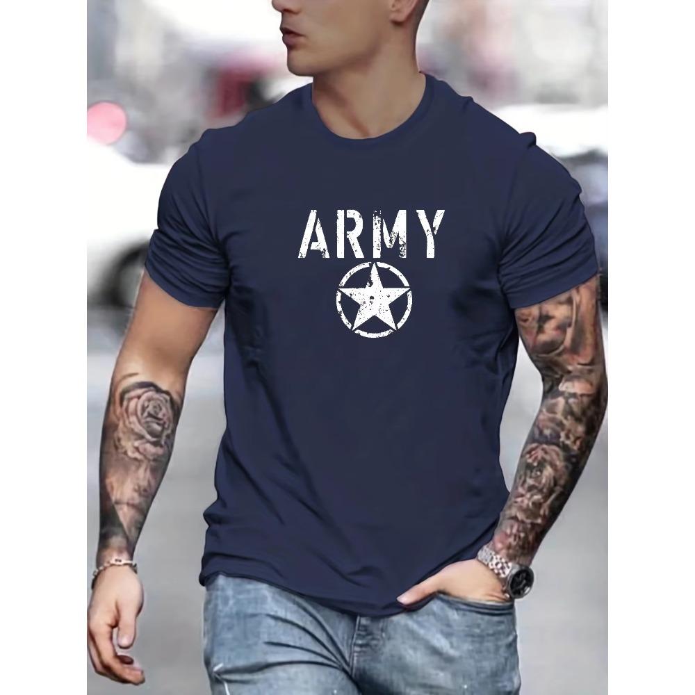 Men's Summer 100 Cotton Fashionable Casual Loose Sports ARMY and Five Pointed Star Printed Round Neck Short Sleeved T-shirt Top