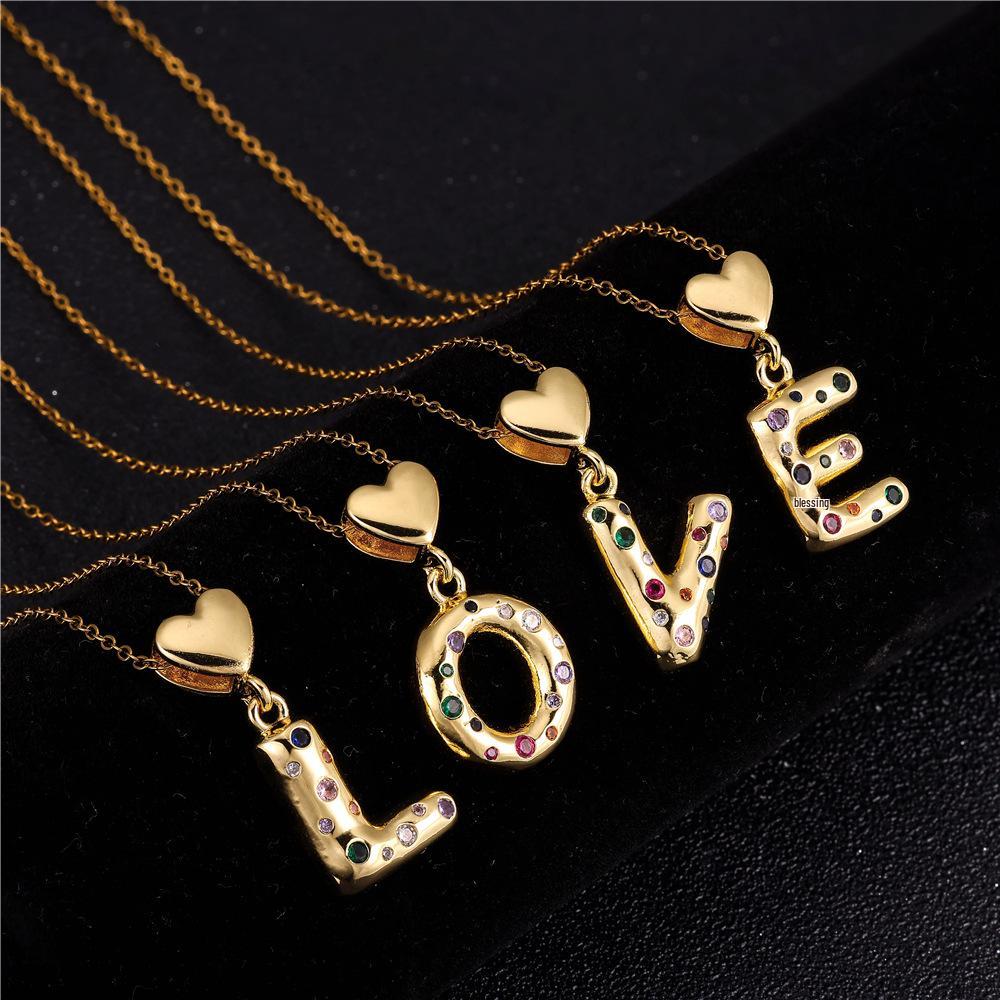 18K Gold-Plated Zircon Necklace with Cross and Colorful Letter Pendants