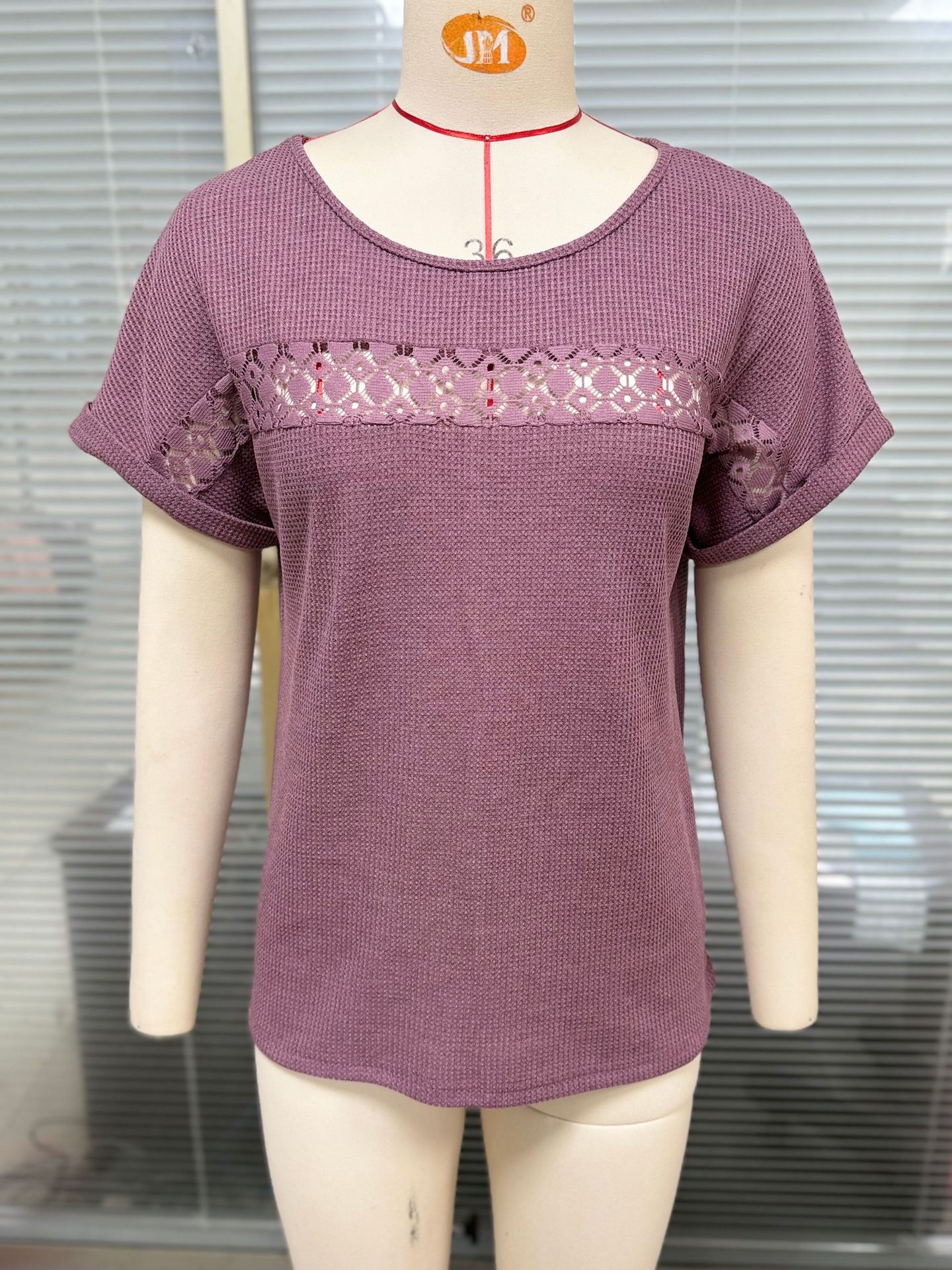 European Style Women Clothing Spring and Summer Solid Color Round Neck Block Casual Short Sleeve S
