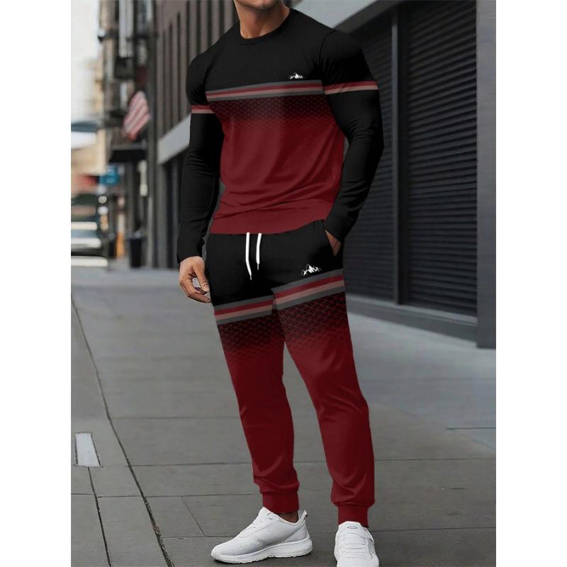 Men'S Casual Sportswear Set - Long-Sleeve Patterned T-Shirt And Drawstring Joggers, Made of Breathable Polyester Fiber