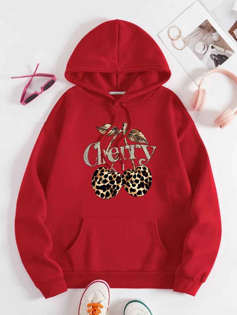Leopard Cherry Creative Printing Hoodies Women Fleece All-Match Streetwear Y2K Pocket Hoody Autumn Casual Woman Clothing