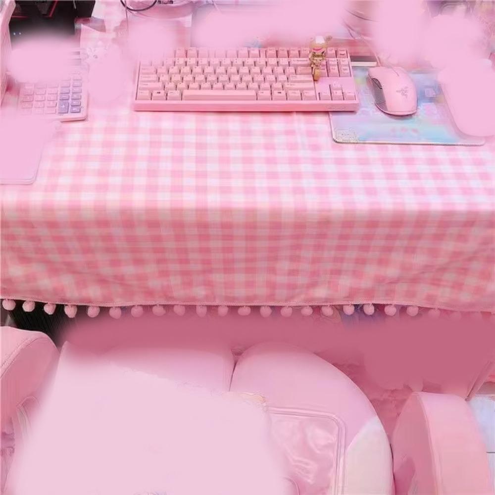 Girls Hot Pink Tablecloth Ins Cute Plaid Desk Cloth Dormitory Computer Wallpaper Mat New Kawaii Room Decoration Table Cover