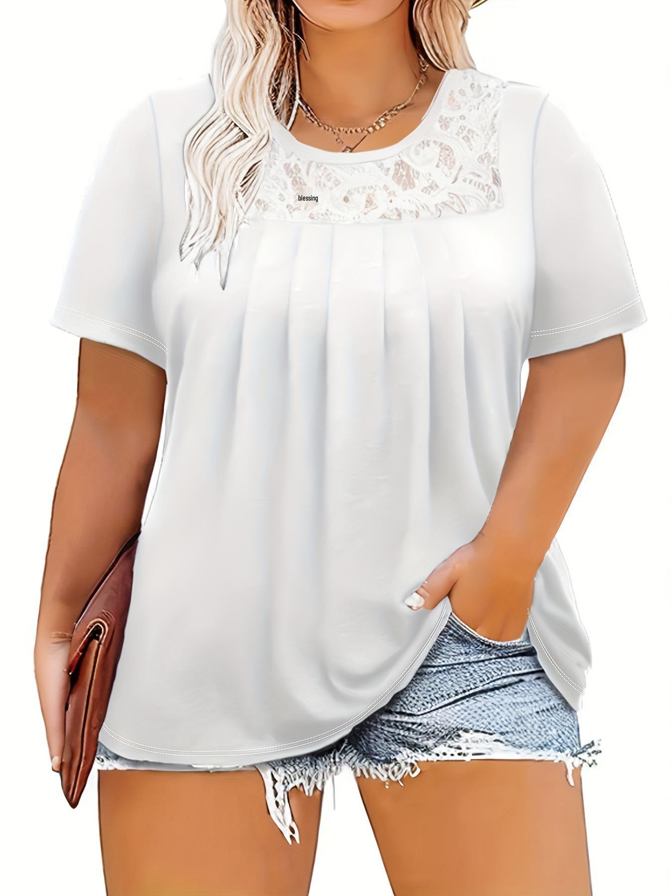 2025 Plus Size Women s Lace Trim Round Neck Short Sleeve T-Shirt in White or Black 3XL