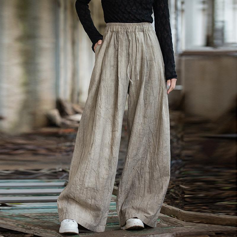 Johnature Women Casual Wide Leg Pants Elastic Waist Tie-dye Trousers Autumn Pockets Belt Long Pants