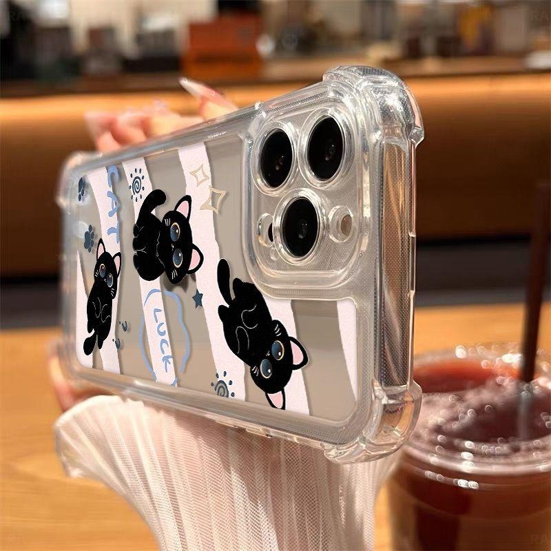 Thickened Four-corner Anti-drop Space Case Is Suitable for Apple 15promax Mobile Phone Case 14/13 Striped Black Cat 16pro.