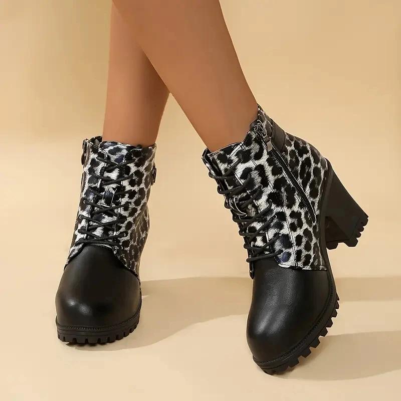 Round Toe Spring/autumn Modern Boots High Heel Square Heel Ladies Shoes On Sale 2025 Fashion Leopard Zip Women's Boots