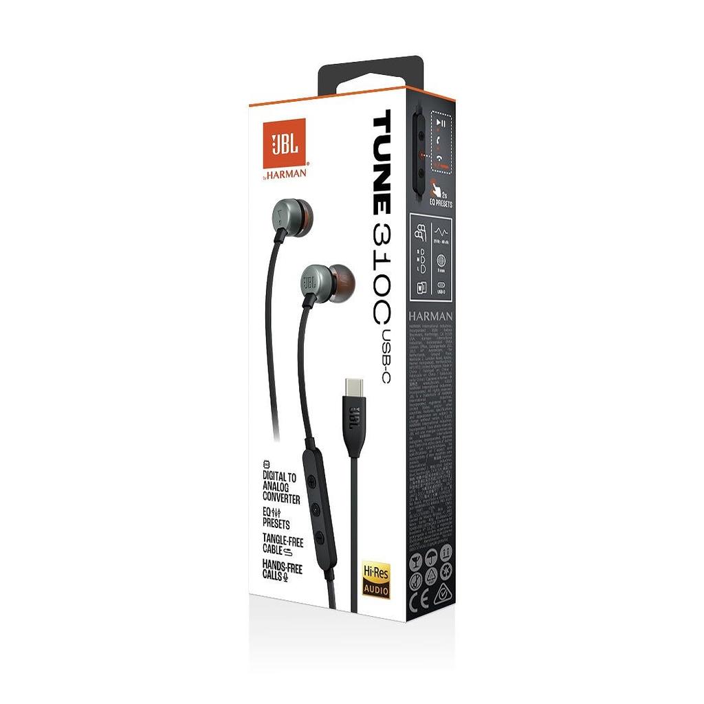 JBL TUNE310C Wired In-Ear Earphones USB Type-C 96kHz/24bit DAC Microphone 3-Button Remote Flat Cable 3 Equalizers Hi-Res 9mm Driver Black