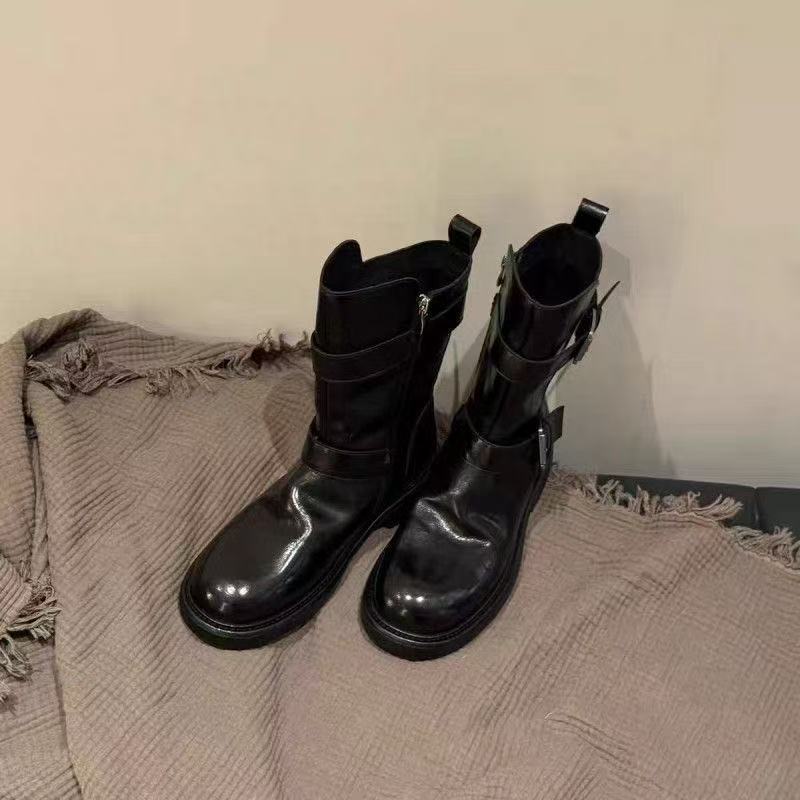 Mom Washed Shrinkage Pleated Belt Buckle Zipper Year Thick Bottom Skinny Short Boots Martin Boots