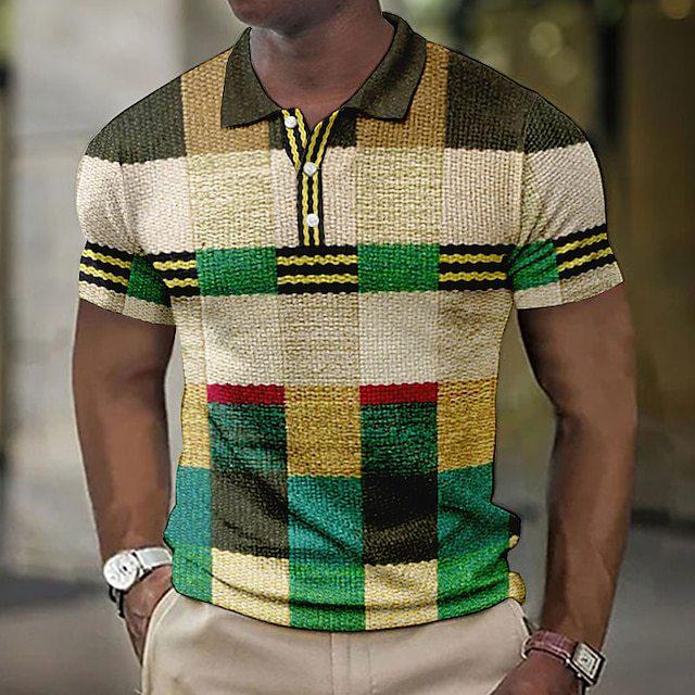 Summer Men's 3D Print Polo Shirt with Plaid and Geometric Patterns