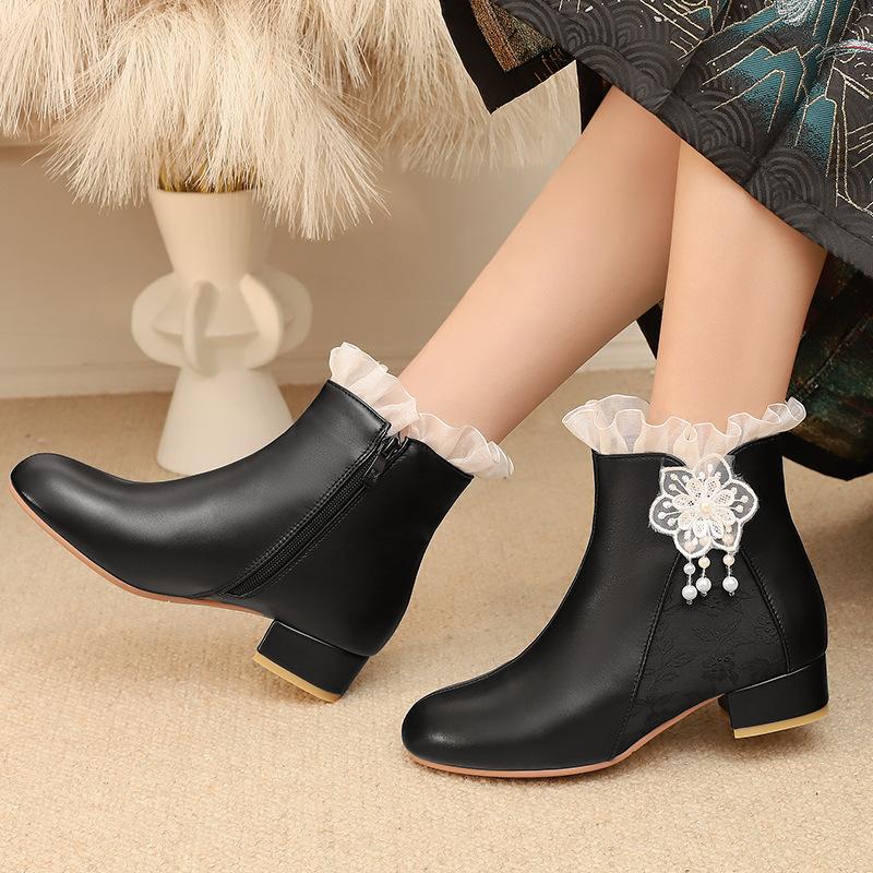 25 Sweet Lace Flower Beaded Lolita Short Boots Cheongsam Hanfu National Style Women'S Boots Older Children'S Middle Children'S Boots
