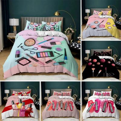Parure de lit tendance avec housse de couette à thème cosmétique et maquillage, en polyester, parfum, rouge à lèvres, vernis à ongles, pinceau, imprimé, taille King