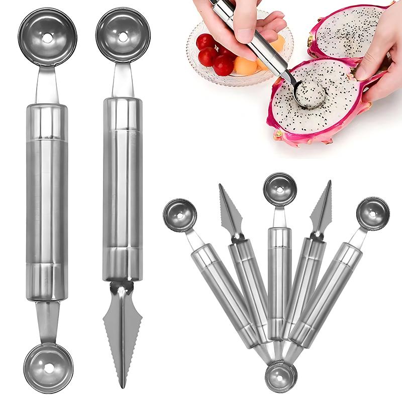 2 Stück/Set Doppelseitiges Obstformlöffel-Set Wiederverwendbares Edelstahl-Ananas-Pitaya-Schnitz- und Löffelwerkzeug Küchenhelfer ZYF