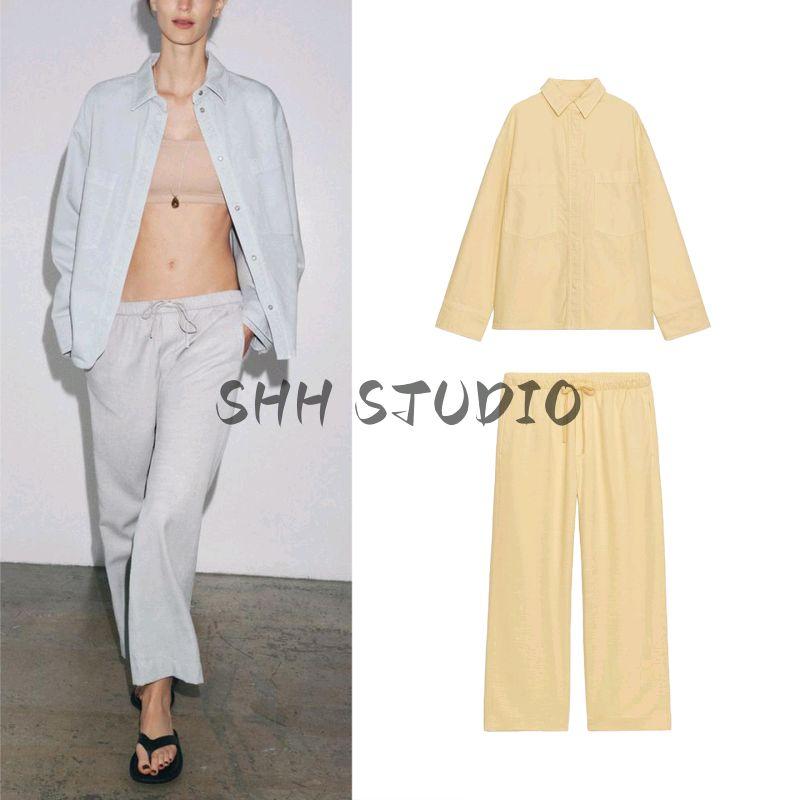 Cotton Lapel Pocket Long Sleeve Shirt Coat 6786241 Mid-Waist Comfortable Casual Jogger Pants 6786042