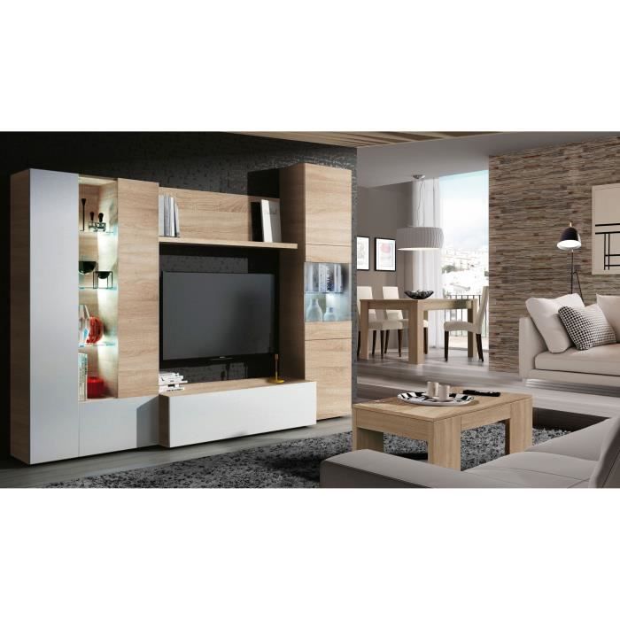 ESSENTIEEL TV-meubel met klassieke LED in glanzend wit en eiken decor - B 260 cm