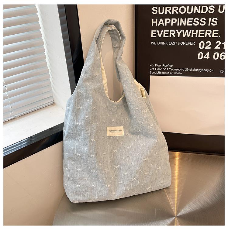 Denim Bow Large Capacity Vest Bag Female Student Book Handbag One Shoulder Large Capacity Shopping Bag Fashion