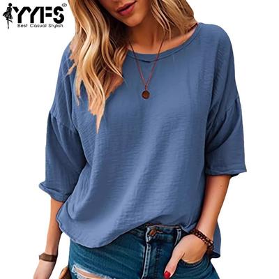 Women's Fashion Casual Summer Spring Solid Color Print 3/4 Sleeves O-Neck Blouses & Shirts