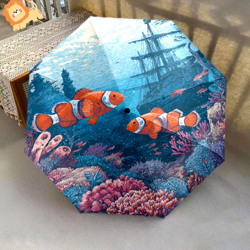 1 Stück Automatischer Faltregenschirm - Clownfisch-Muster, Tragbares & Faltbares Design mit 8 Speichen, Weihnachts-Geburtstagsgeschenke