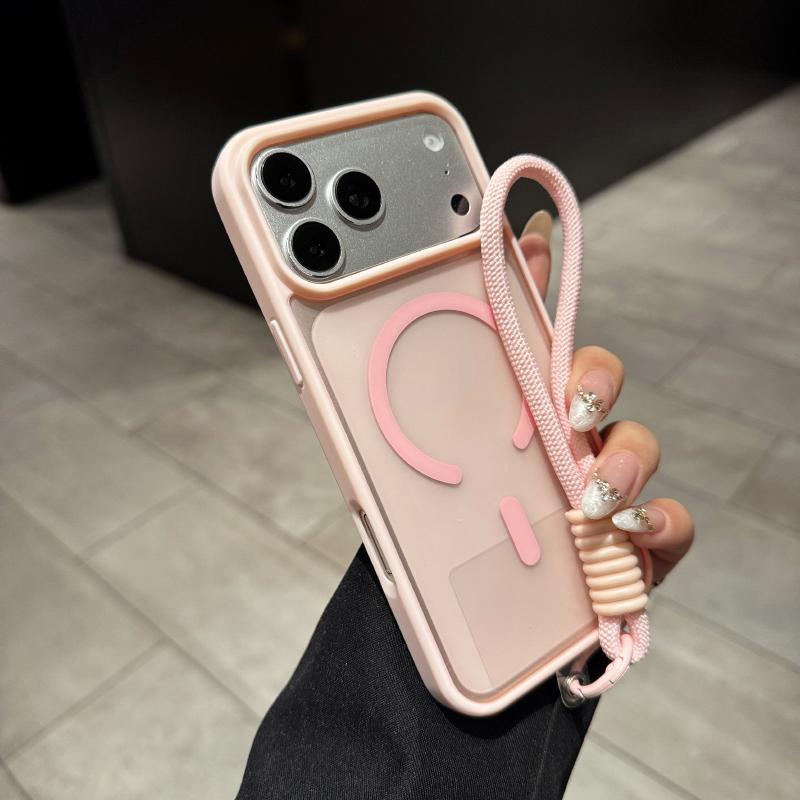 

For MagSafe Soft TPU Frame + Translucent PC Lanyard Phone Case For iPhone 17 Pro Max 15 13 12 14 16 Pro Max Bumper Back Cover iPhone 15 Pro рожевий