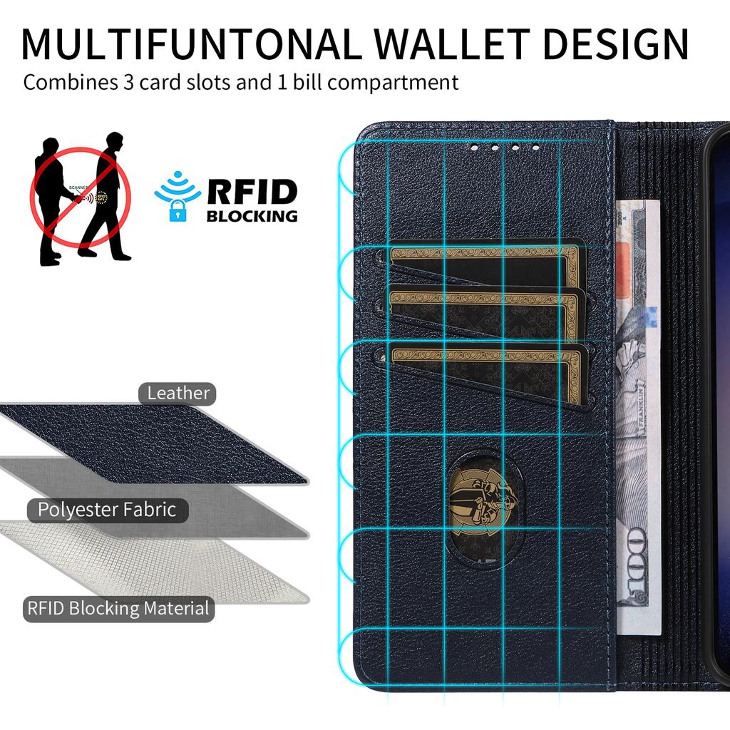 For Samsung Galaxy S23+ Leather Case Litchi Texture RFID Blocking Wallet Stand Phone Cover