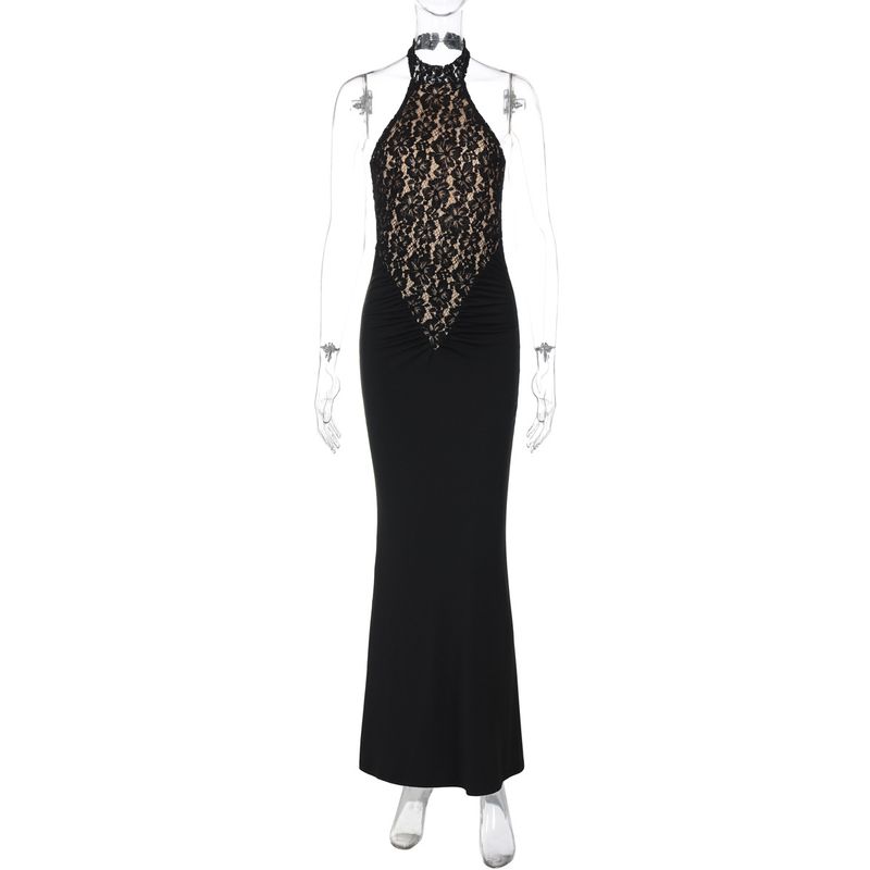 High-Looking Slimming Lace Contrast Color off-the-Shoulder Cheongsam Tight Backless Stand Collar Long dress Singer Black Evening Wear Dress Women