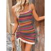 Summer New Women'S Beach Vacation Dress With Suspender Straps Colorful Stripes Knitted Drawstring Backless Strap Dress