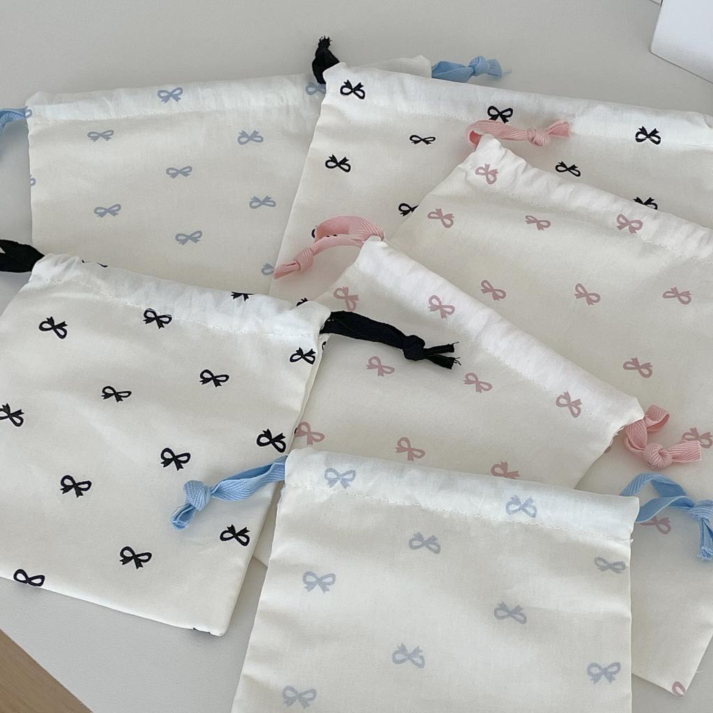 Sweet Bow Print Women's Storage Bag Cute College Girls Canvas Drawstring Bags Simple Female Portable Travel Makeup Case Handbags