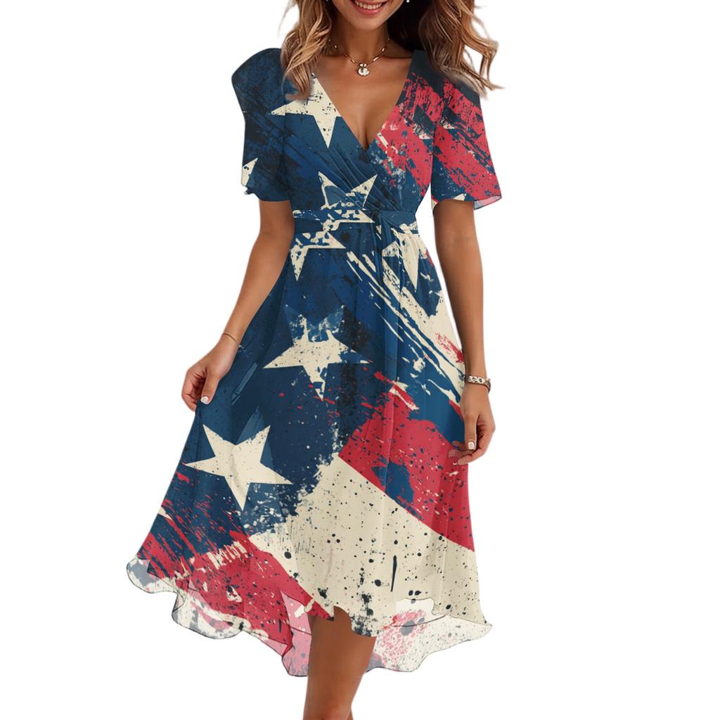 Women's Casual V-Neck Short-Sleeve Independence Day Print Dress