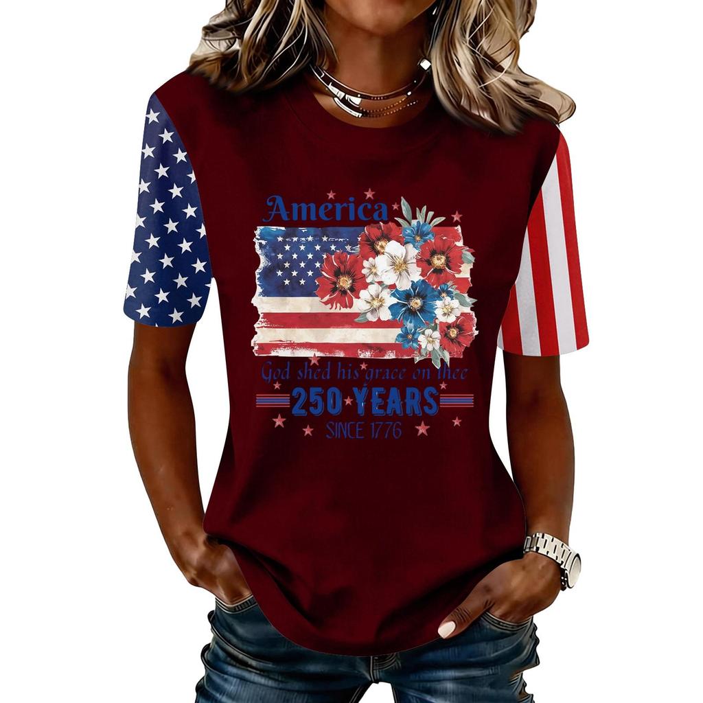 Blusa Feminina da Moda Casual de Manga Curta com Estampa e Gola Redonda